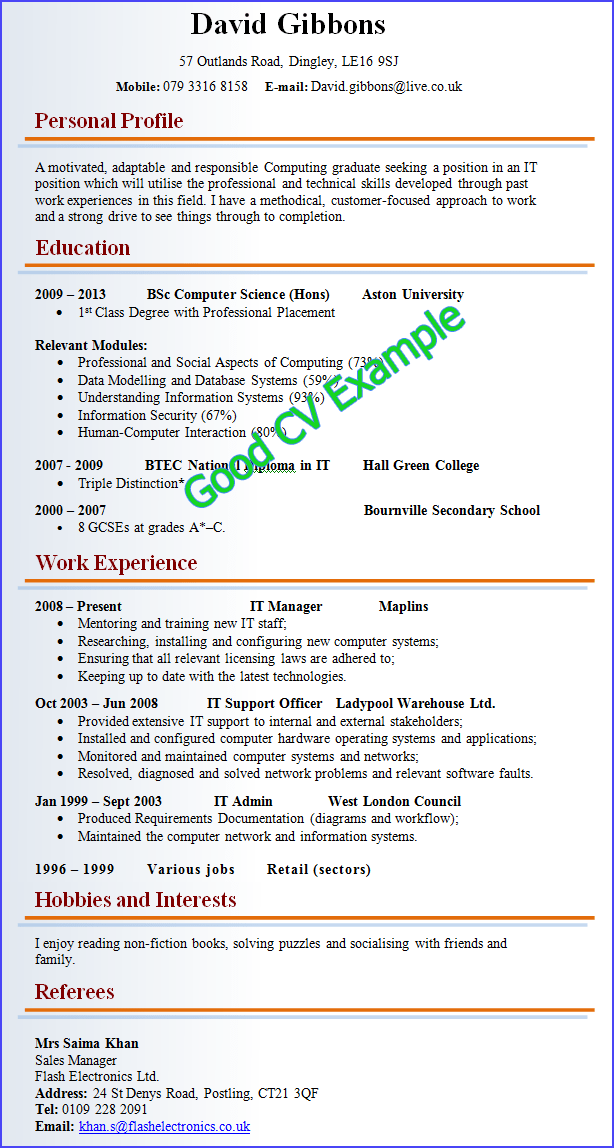 Good Cv Examples For Job Very good example of how a excellent CV should look like