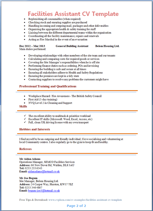 Facilities Assistant CV Example Preview Page 2