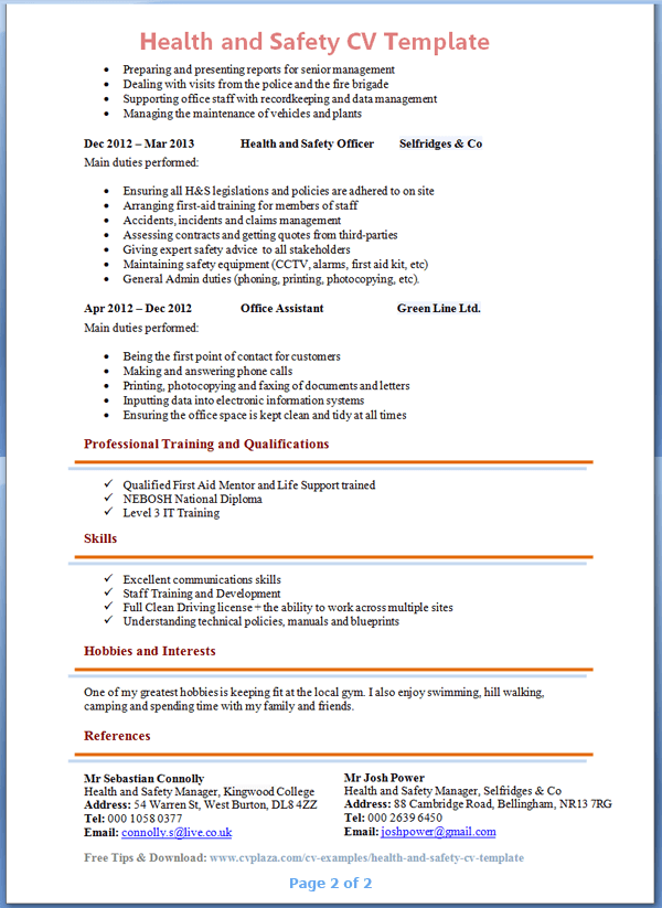 Health and safety advisor CV example 2