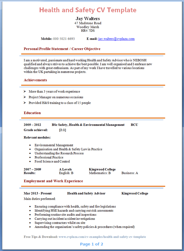 Health and safety officer CV