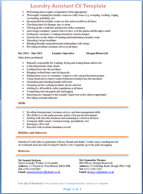 Laundry Worker CV Template 2