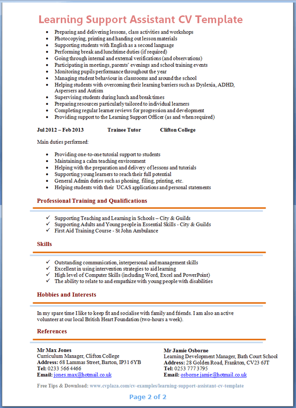 learning support assistant cv example 2