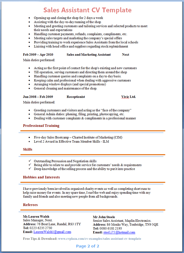 Sales Assistant CV Page 2