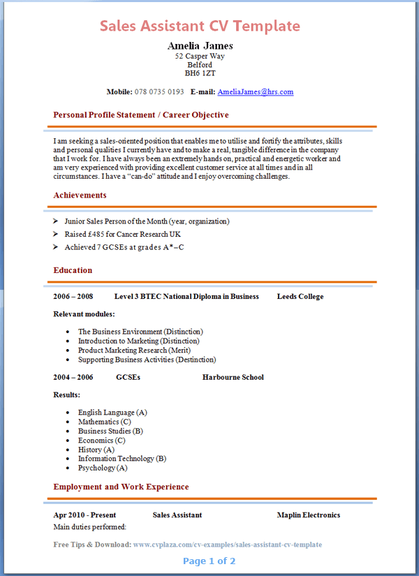 Sales Assistant CV Example