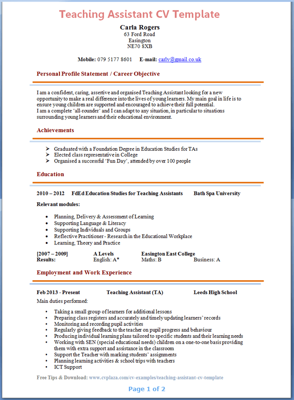How to write a killer cv by the interview guys. Cv Format For A Teaching Job : Teaching-Assistant-CV-Example