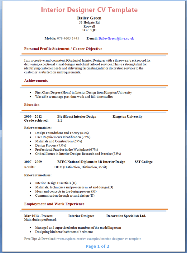 Interior designer CV template