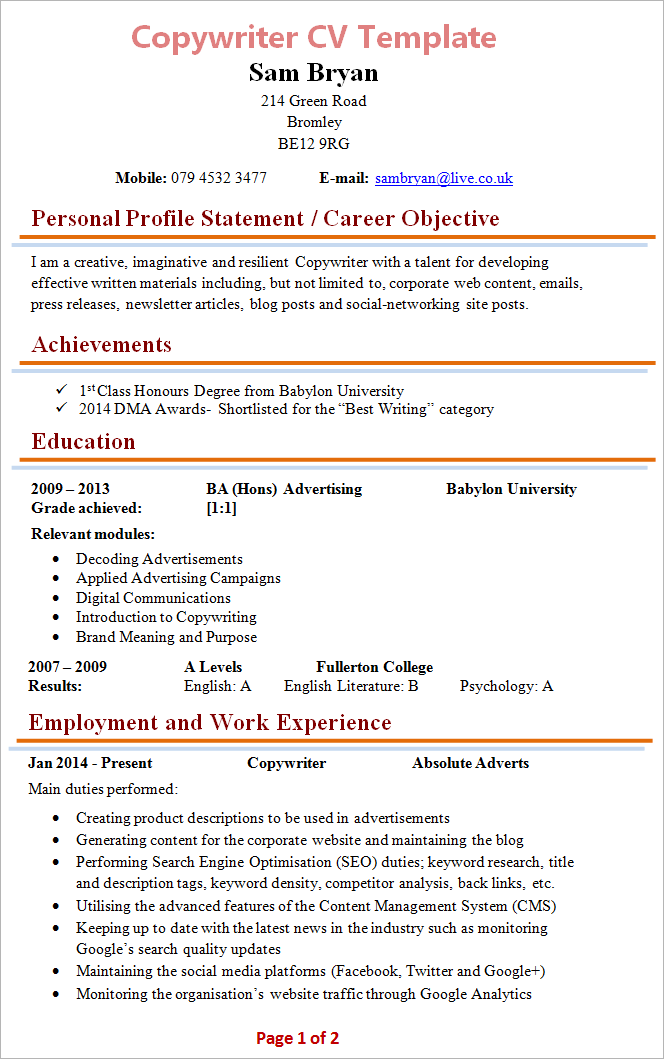 Cover letter copywriter example