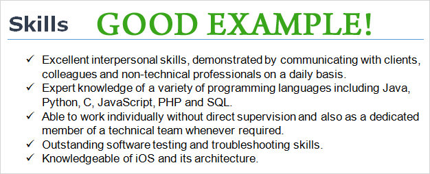 resume skills example sentences