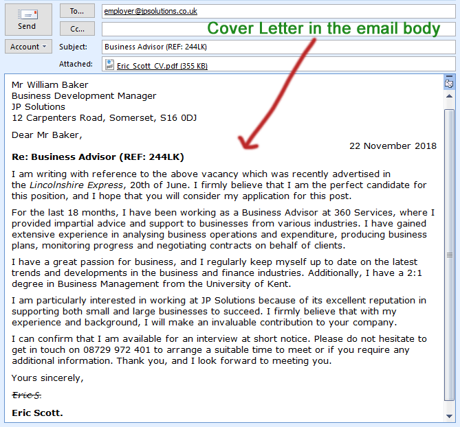 body of the email cover letter