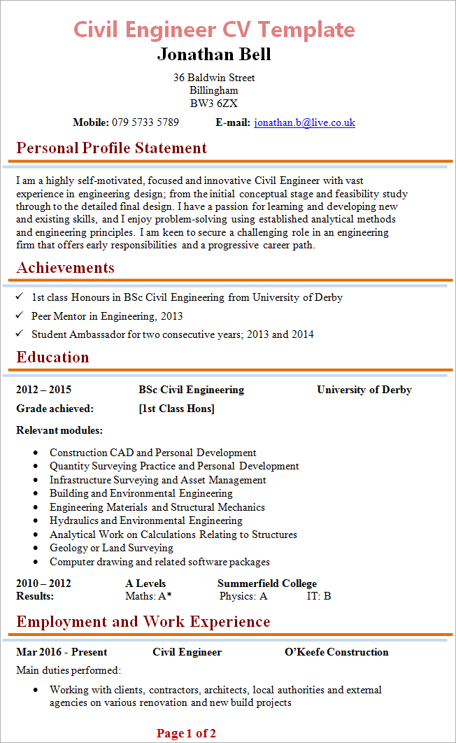 Engineering CV example