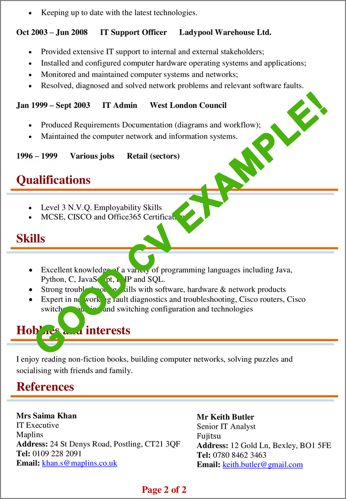 Cv Examples Example Of A Good Cv Biggest Mistakes To Avoid