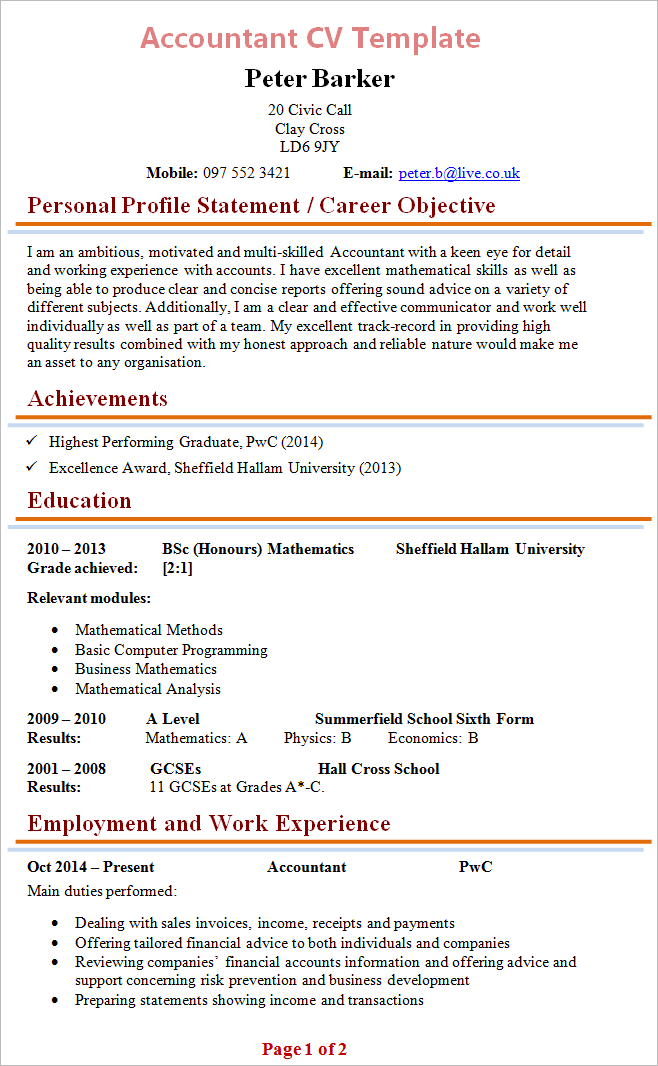 Finance CV examples