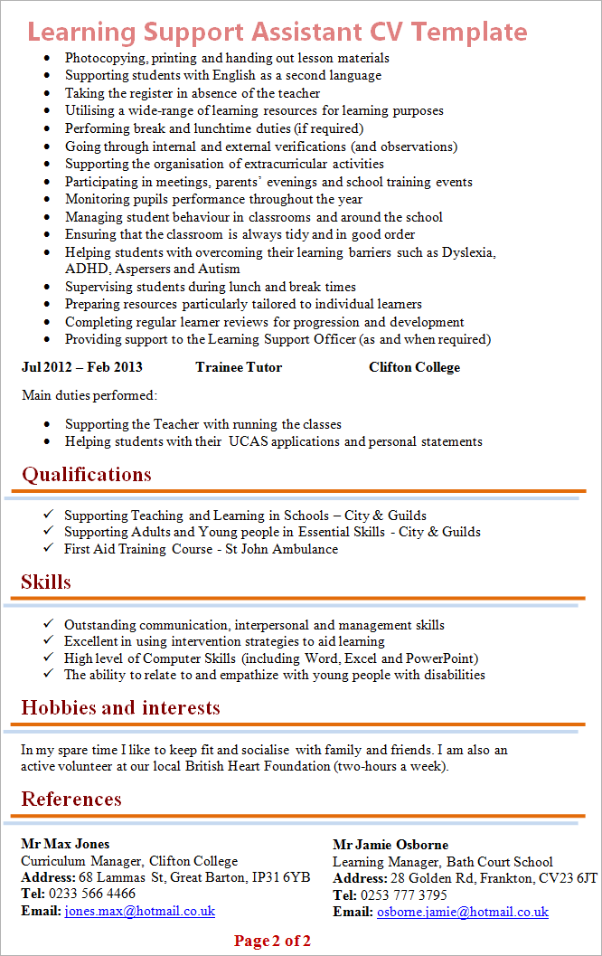 Education and teaching CV template example