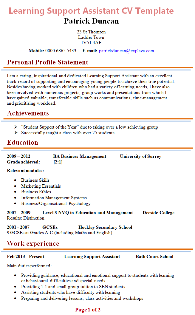 Education and teaching CV template example