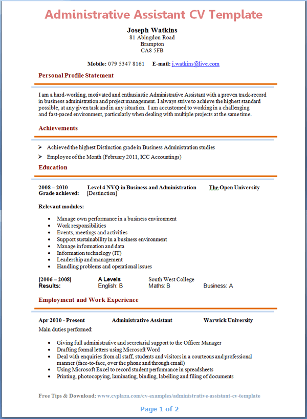 Administrative Assistant CV Template Page 1 Preview