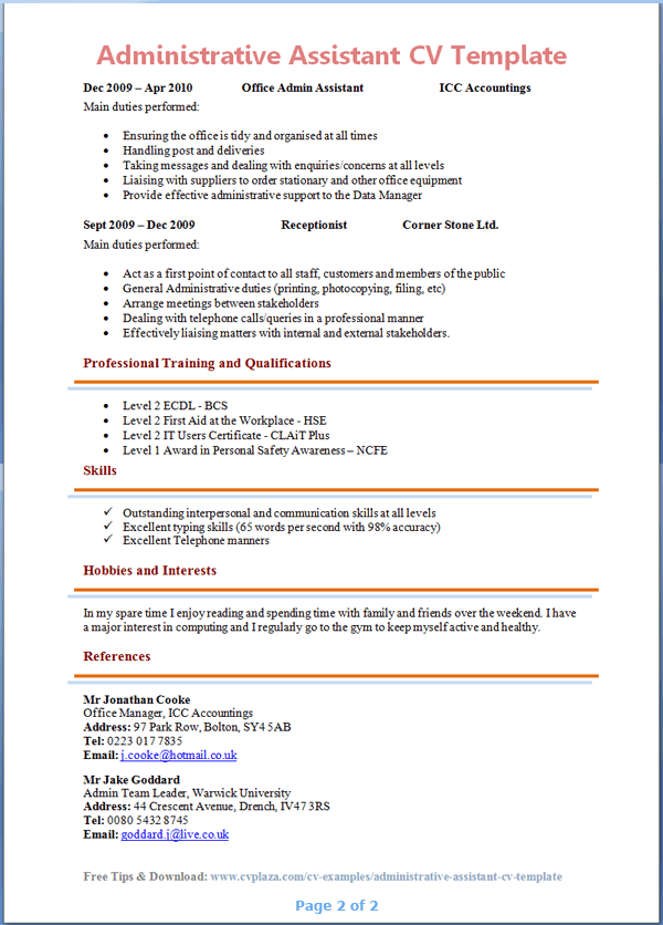 Administrative Assistant CV Template Page 2 Preview