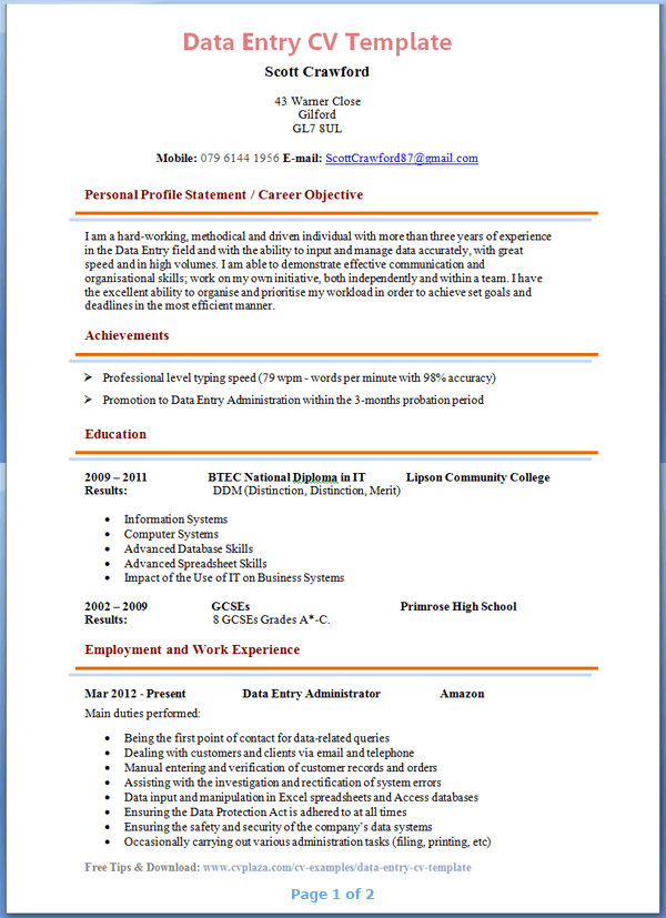 Data Entry CV Template