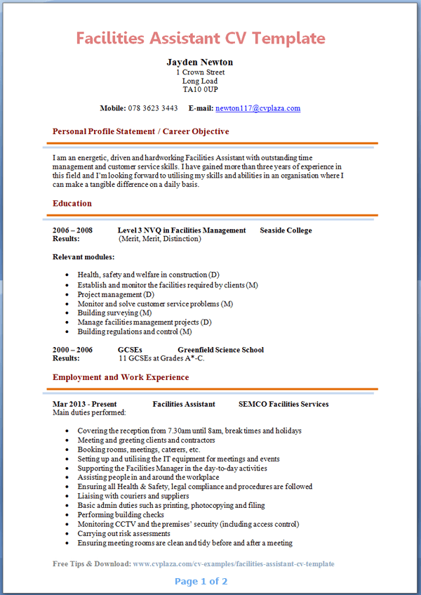 Facilities Assistant CV Example Preview Page 1