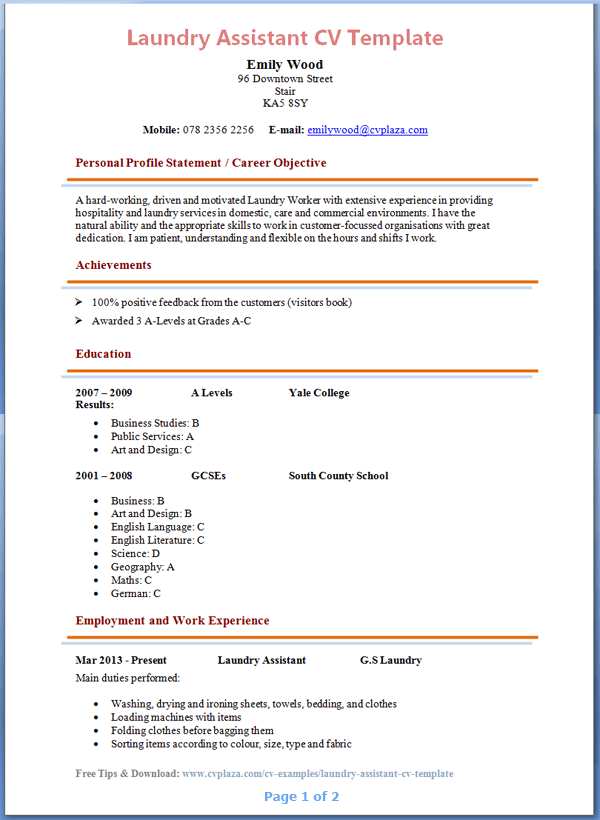 Example of a laundromat resume