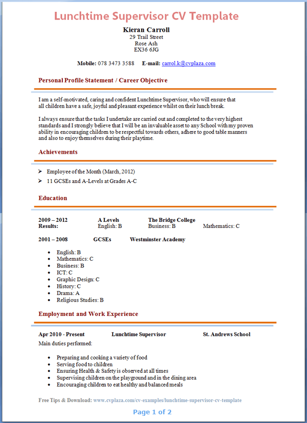 Dining supervisor resume