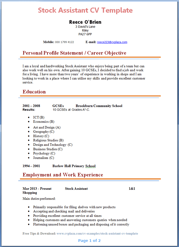 Stock Assistant CV Example