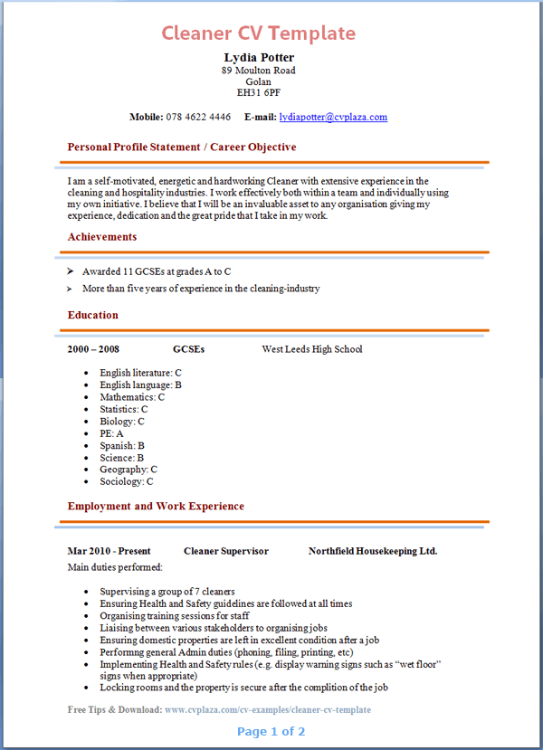 resume sample for cleaning job