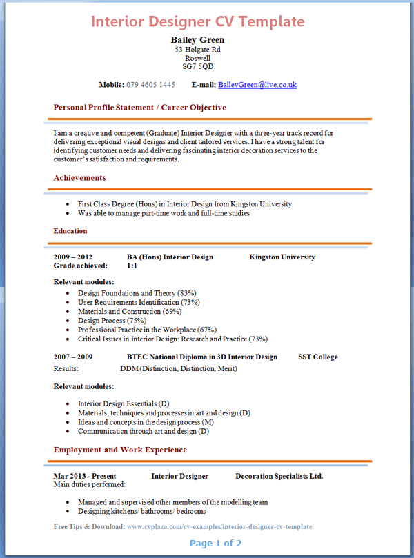 Interior Designer Cv Template Tips And Download Cv Plaza