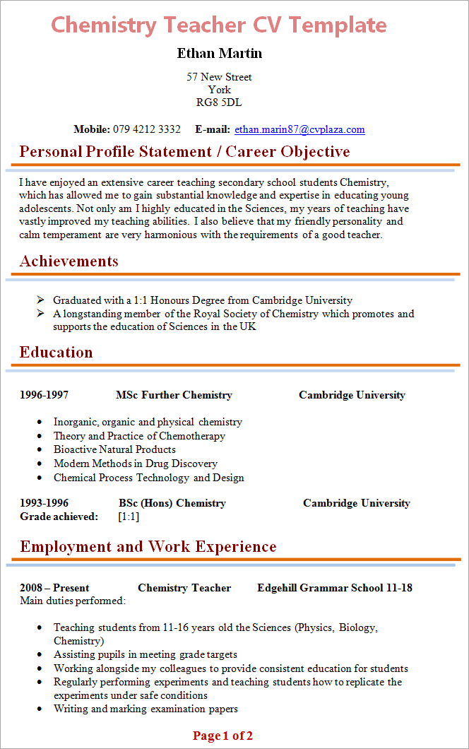 resume format for chemistry teacher fresher