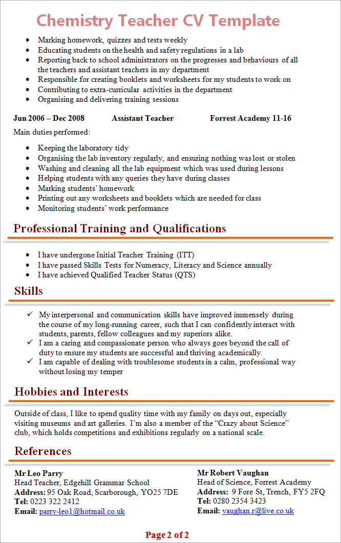 chemistry teacher cv template 2