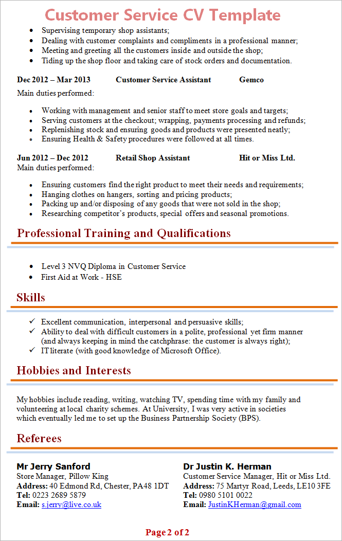 cv personal statement examples for customer service