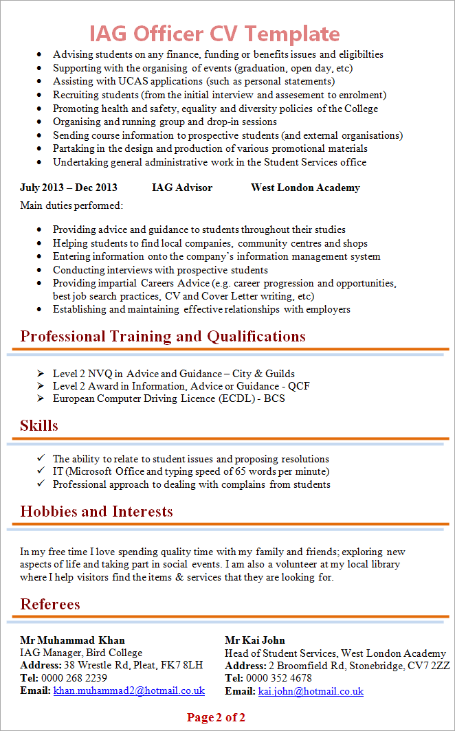 IAG officer CV template 2