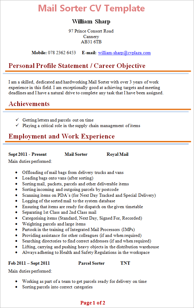 Mail Sorter CV Template