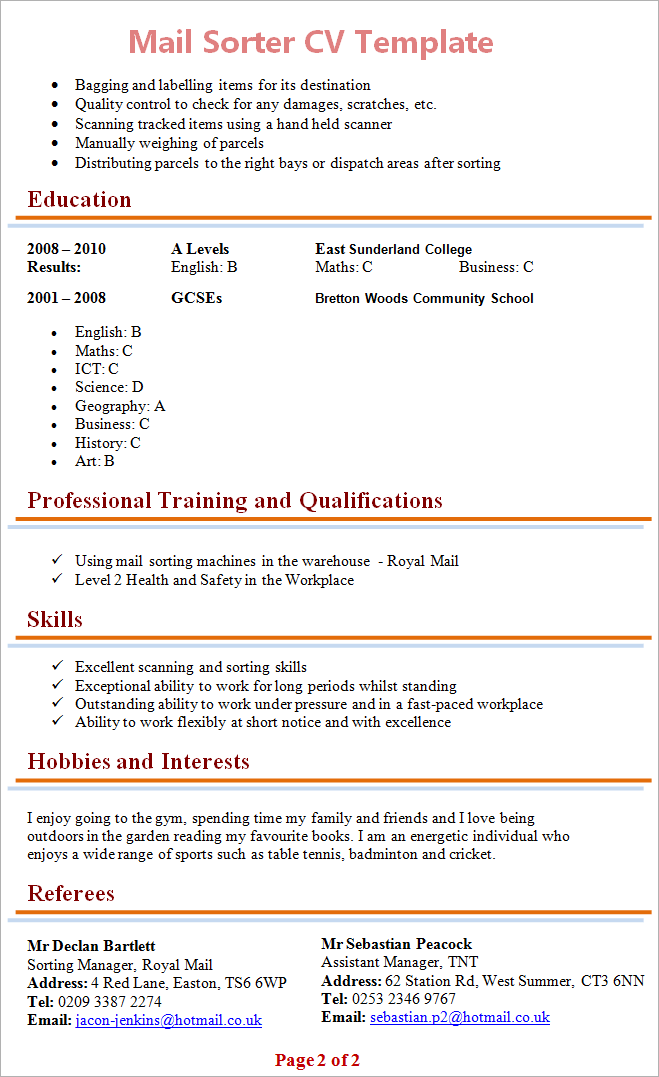 mail sorter cv template 2