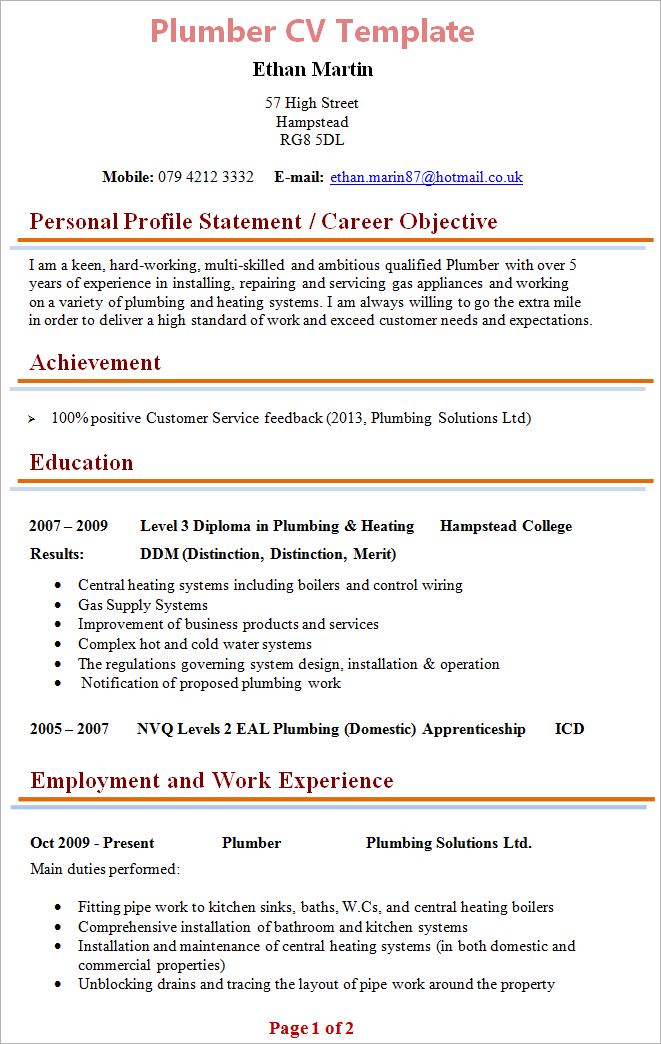 Plumbing Resume Template Plumbing Resume Template