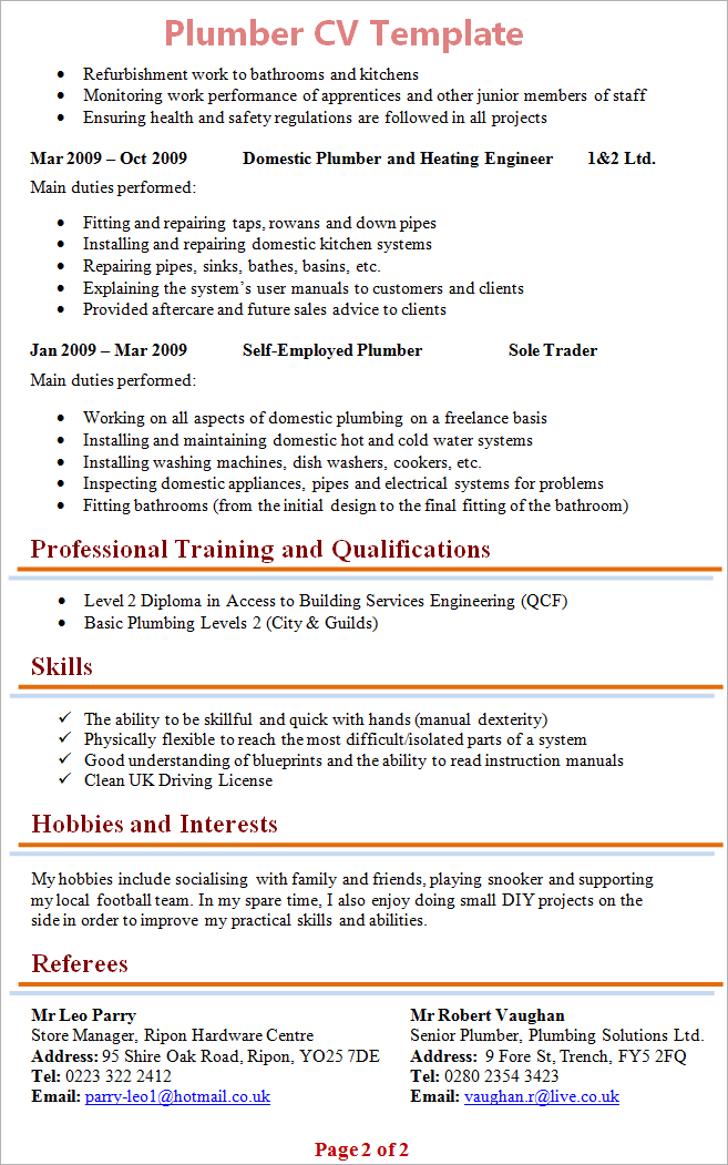 plumbing cv personal statement