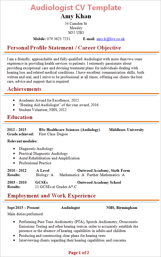 Audiologist CV template