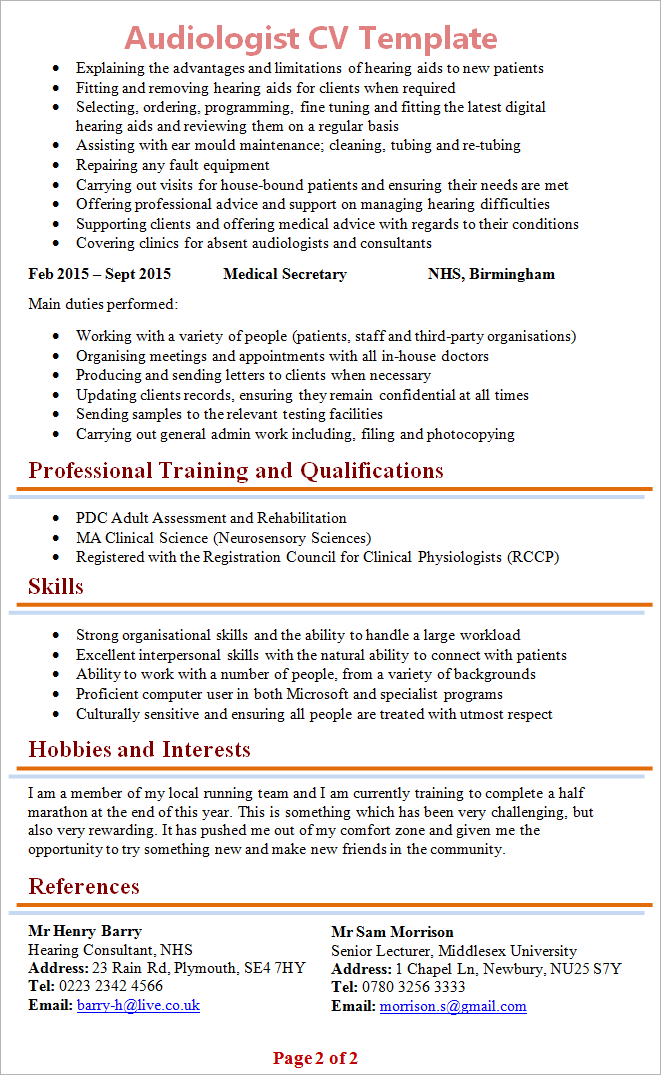 Audiologist CV template page 2