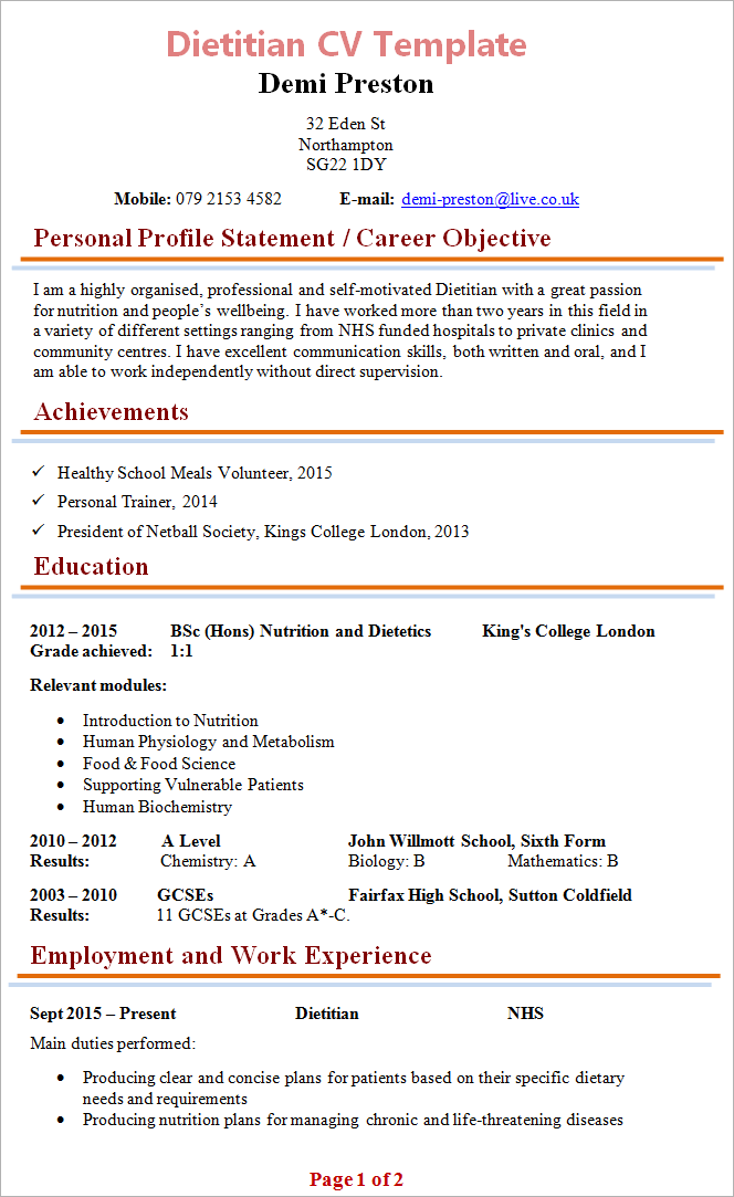 Dietitian CV Template 1