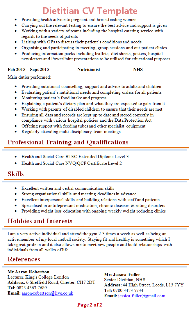 Dietitian CV Template 2