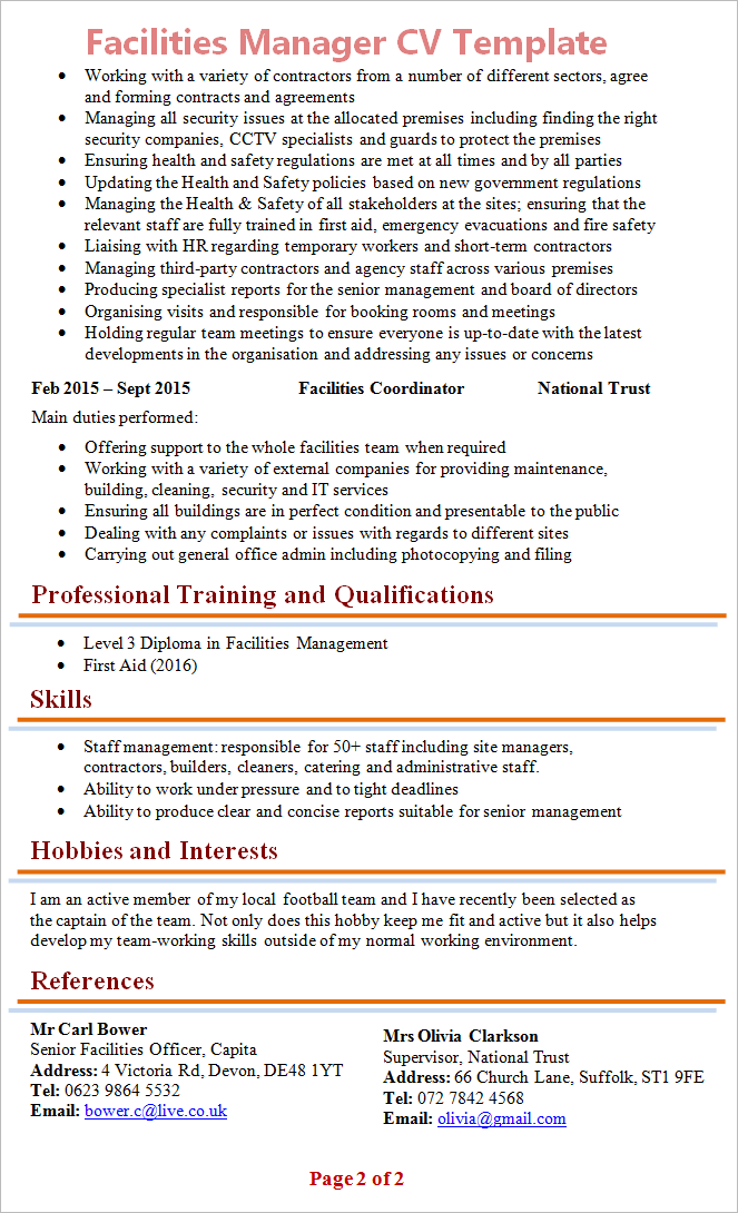 Facilities Manager CV Template 2