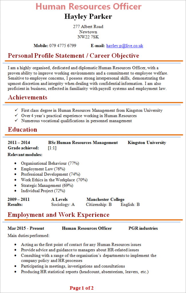 cv personal statement hr manager