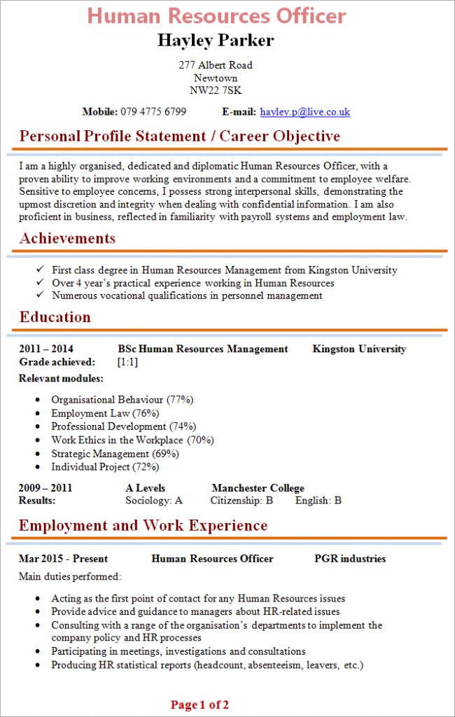 cv personal statement hr