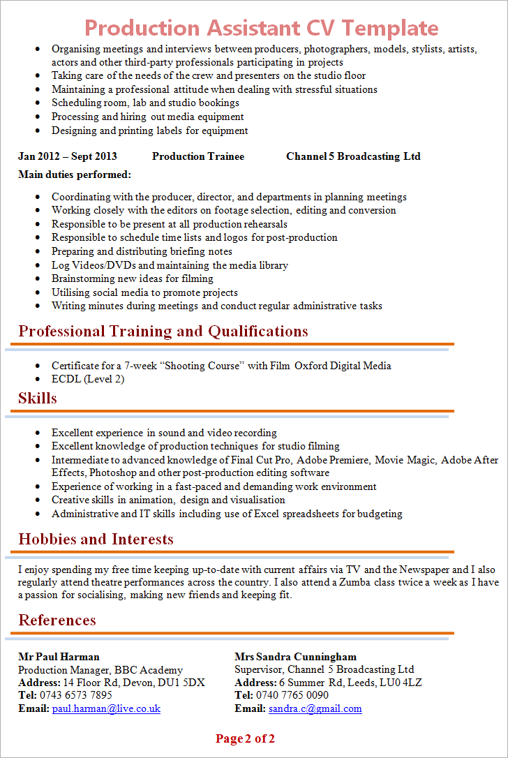 Production Assistant CV Template + Tips and Download - CV Plaza