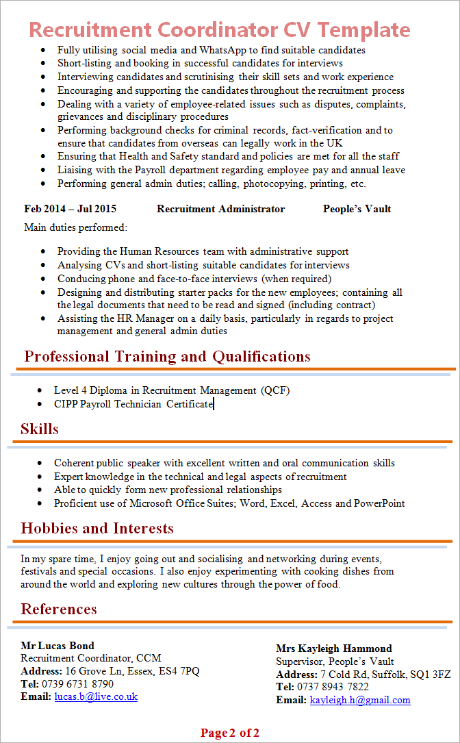 Recruitment Coordinator CV Template 2