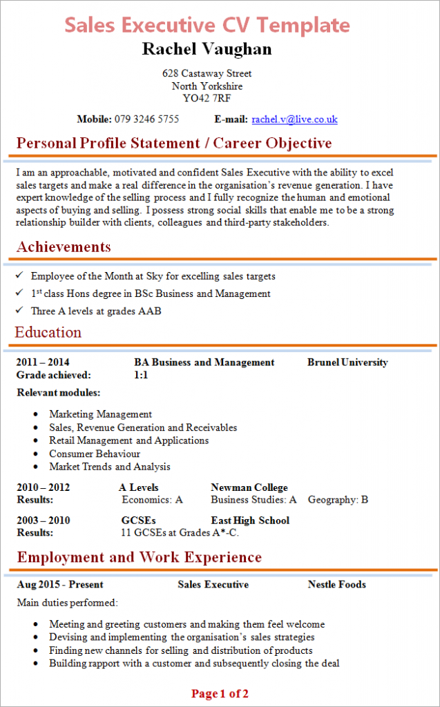 resume format for fresher sales executive