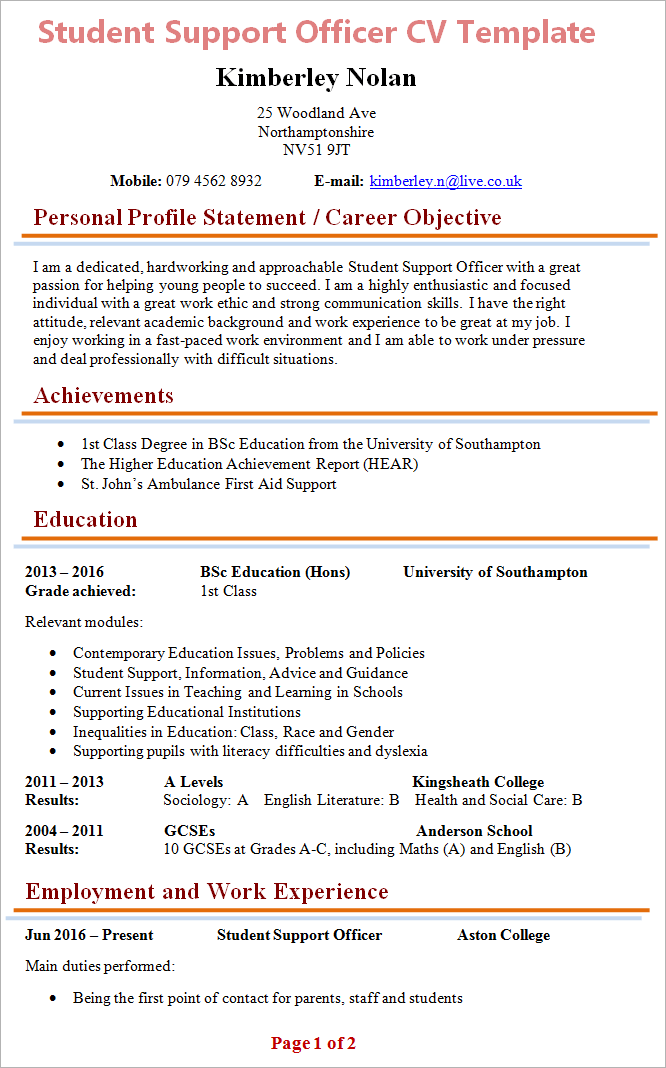 Student Support Officer CV Template 1