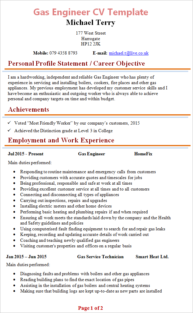 Gas Engineer CV Template