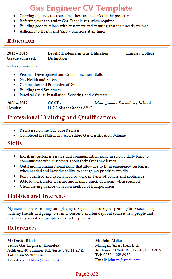 gas engineer cv template 2 2