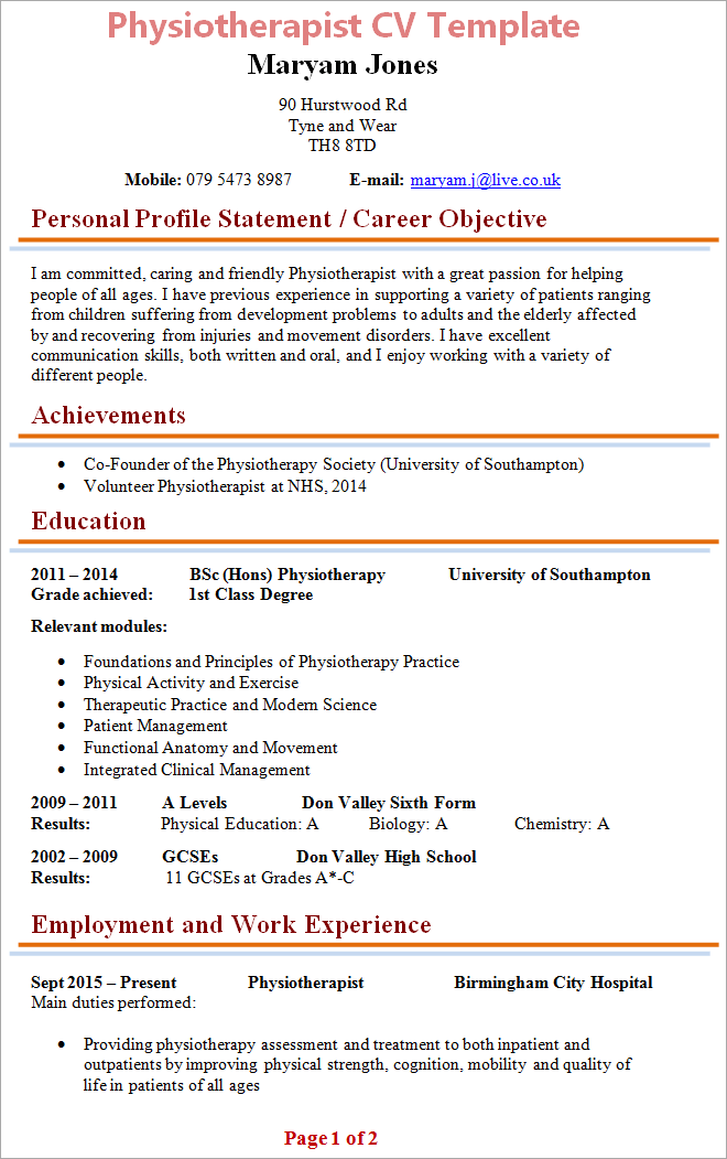 Resume Of Indian Physiotherapist