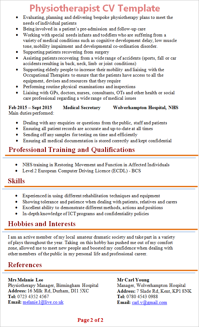 Physiotherapist CV template 2